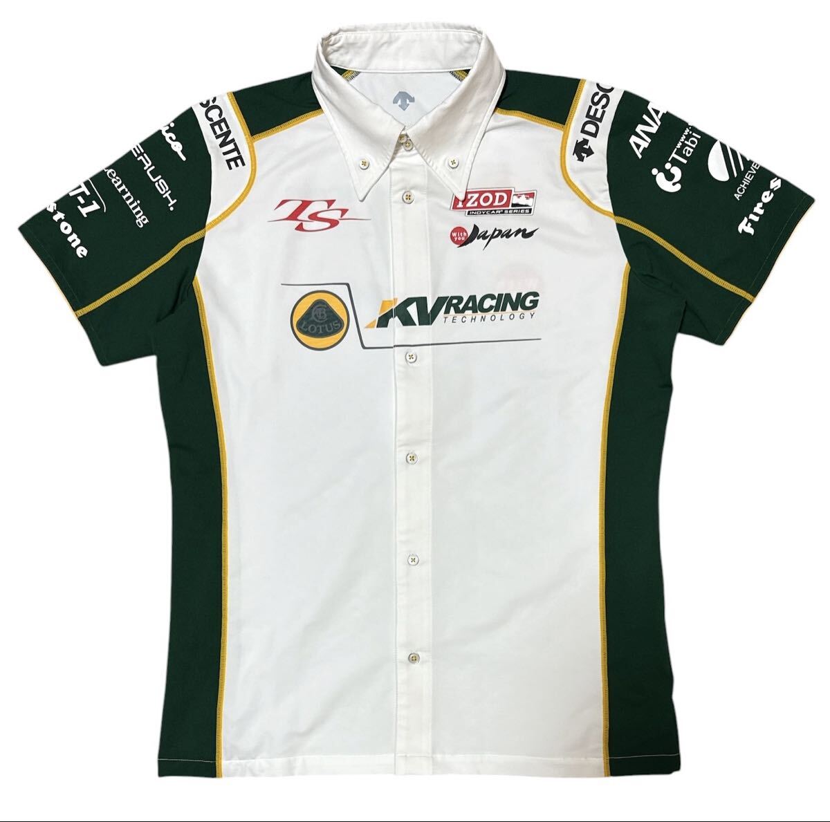 送料無料 ○ DESCENTE デサント ○ インディカー KV RACING LOTUS ロータス ドライ 速乾 ピットシャツ ホワイト×グリーン M