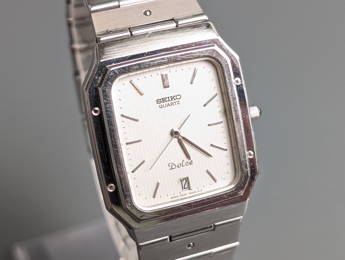稼働 SEIKO セイコー Dolce ドルチェ 9522-5000 ホワイト文字盤 3針 デイト スクエア クォーツ QZ メンズ 腕時計 アンティーク RU-398G/018