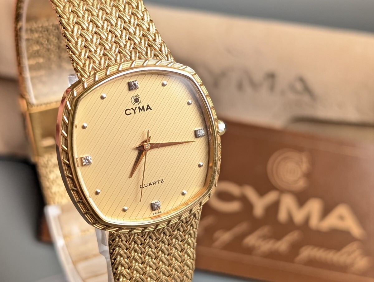 美品 稼働 CYMA シーマ 604SP スクエア 3針 ゴールド文字盤 ケース 石付き クォーツ QZ メンズ 腕時計 アンティーク RU-225G/018