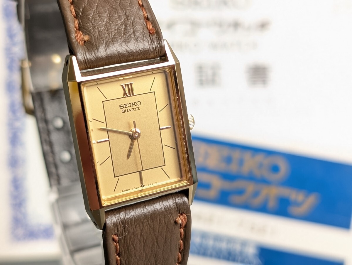 極美品 稼働 SEIKO セイコー 7321-5650 ゴールド文字盤 スクエア クォーツ QZ レディース 腕時計 アンティーク RU-240G/020