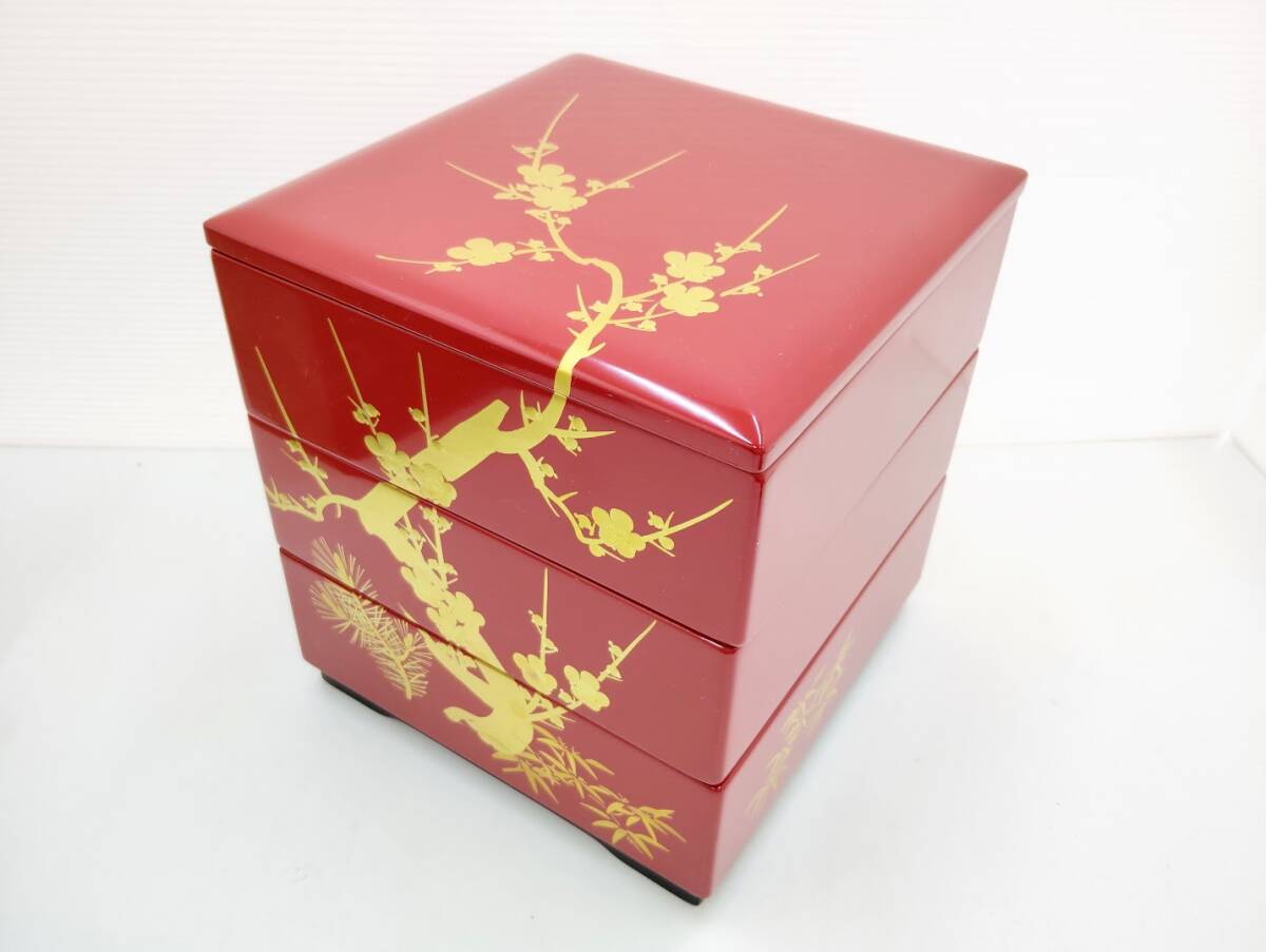 【１円スタート】木製本うるし塗 朱塗 三段重箱 松竹梅蒔絵（共箱付き）長期保管品 特撰漆器