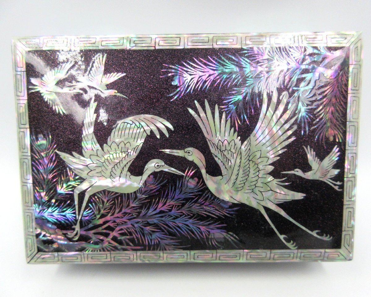 ★◇ 螺鈿細工 小物入れ BOX 箱 鶴 紫 パープルラメ ジュエリーボックス アクセサリーケース 中古品 詳細不明