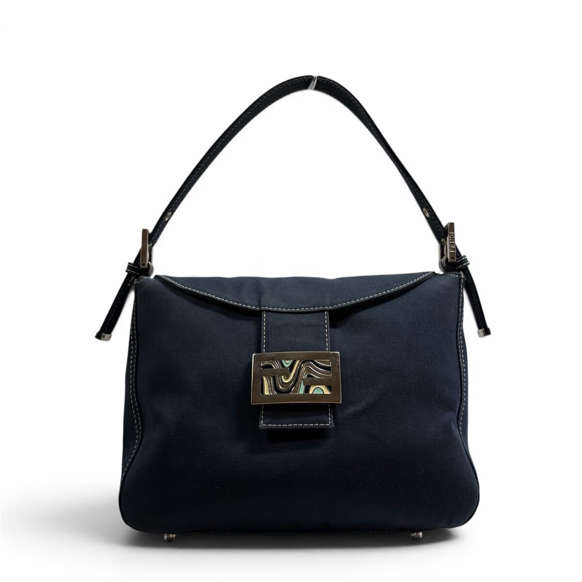鑑定済み美品 FENDI Manmabucket canvas marble One shoulder bag NAVY フェンディ マンマバケット マーブル ワンショルダーバッグ