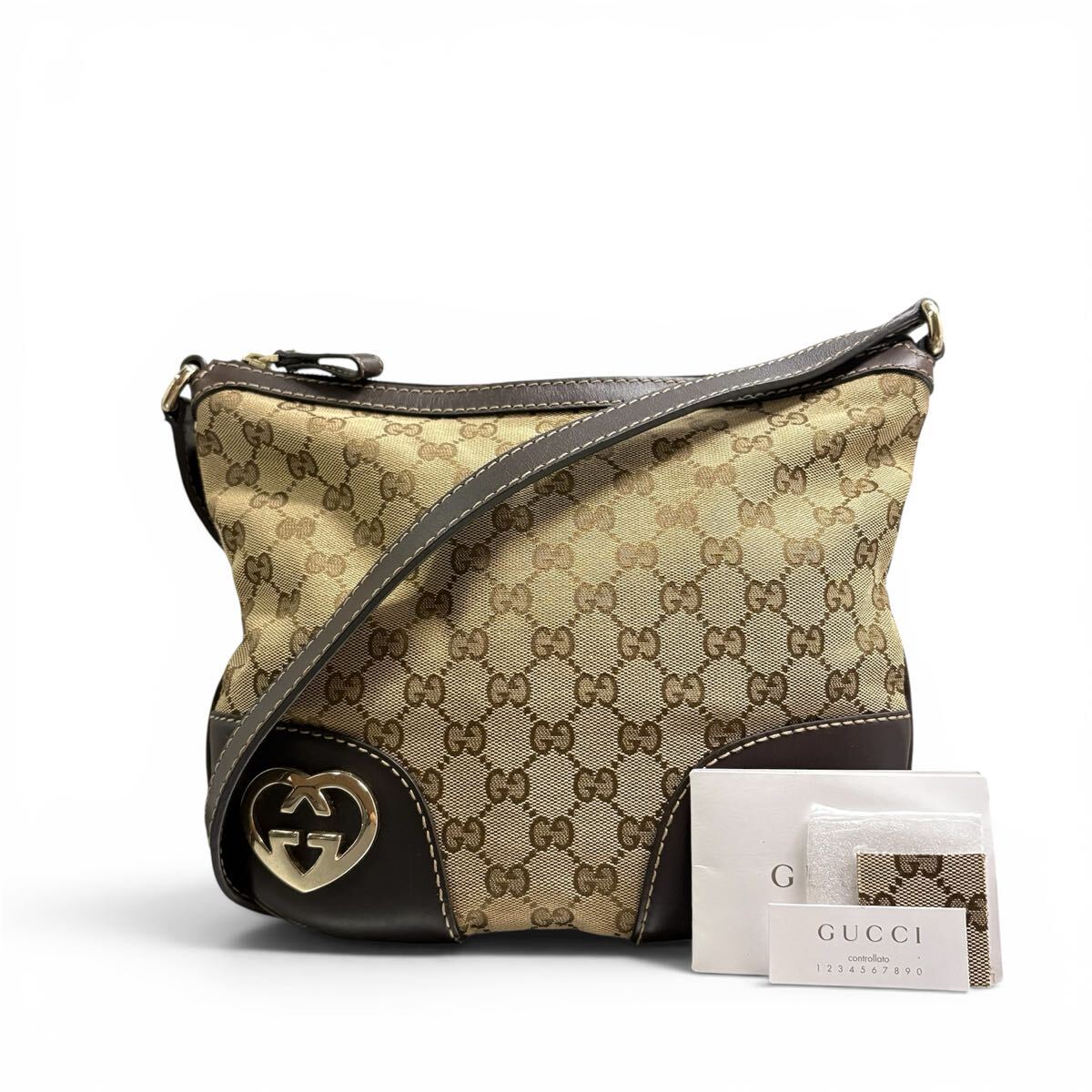 鑑定済み美品 GUCCI Interlocking shoulder bag GG canvas leather brown グッチ ショルダーバッグ GGキャンバス インターロッキング