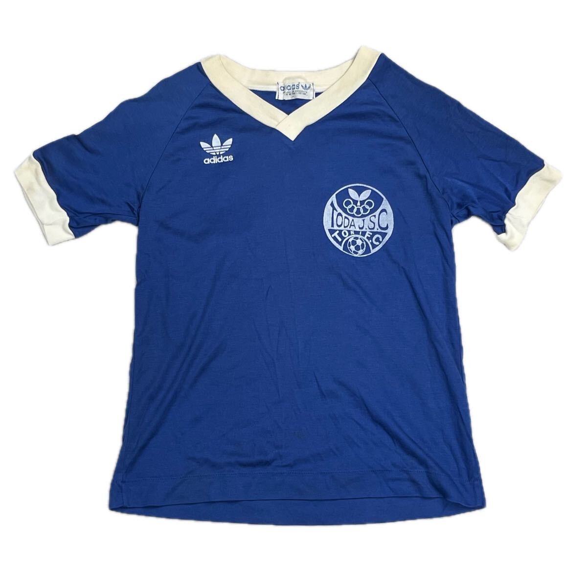 80s デサント製 adidas アディダス 半袖 半袖Tシャツ Ｖネック ユニフォーム ブルー トレフォイル 古着 Tシャツ ゲームシャツ