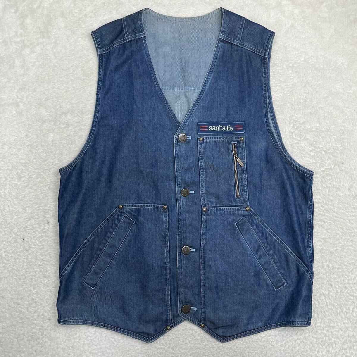 santa fe サンタフェ　デニムベスト　ブルー　VINTAGE 古着　日本製　Ｖネック　ノースリーブ メンズ　アウター　
