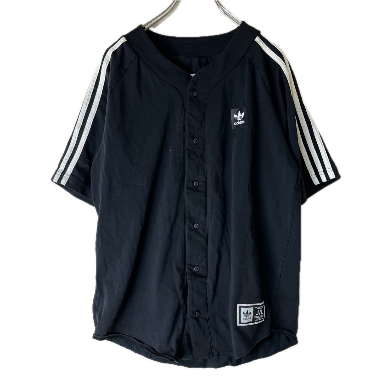 adidas アディダス ベースボールシャツ ブラック コットン トップス メンズ Lサイズ 国内正規品