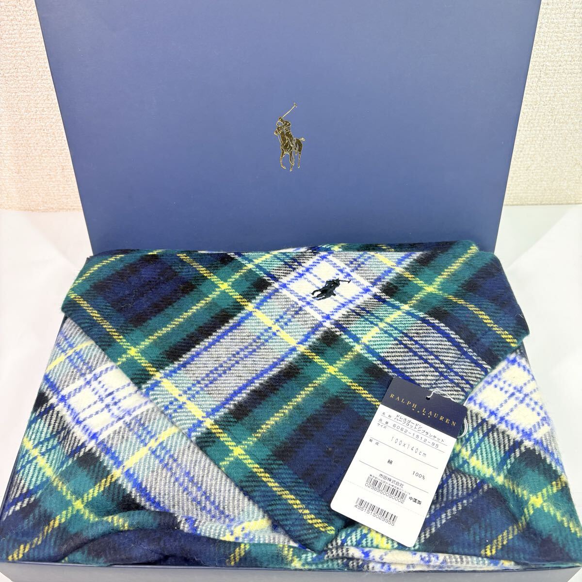 新品　 RALPH LAUREN ラルフローレン　ドレスゴードンハーフケットブランケット　100×140cm 綿　チェック柄　グリーン　ギフト