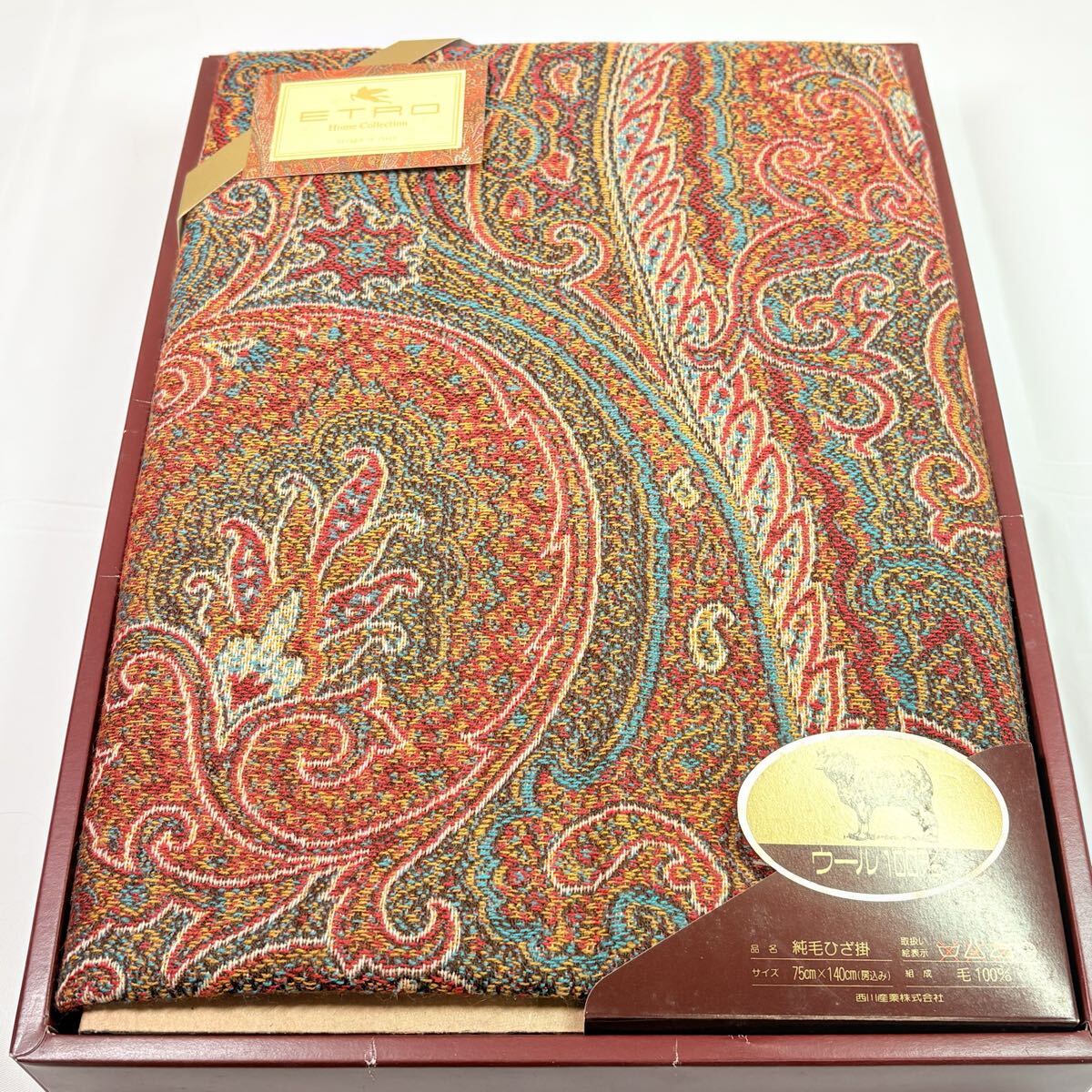 新品　ETRO エトロ　純毛ひざ掛け　ペイズリー　ウール　75×140cm 西川産業　レッド　MITSUKOSHI