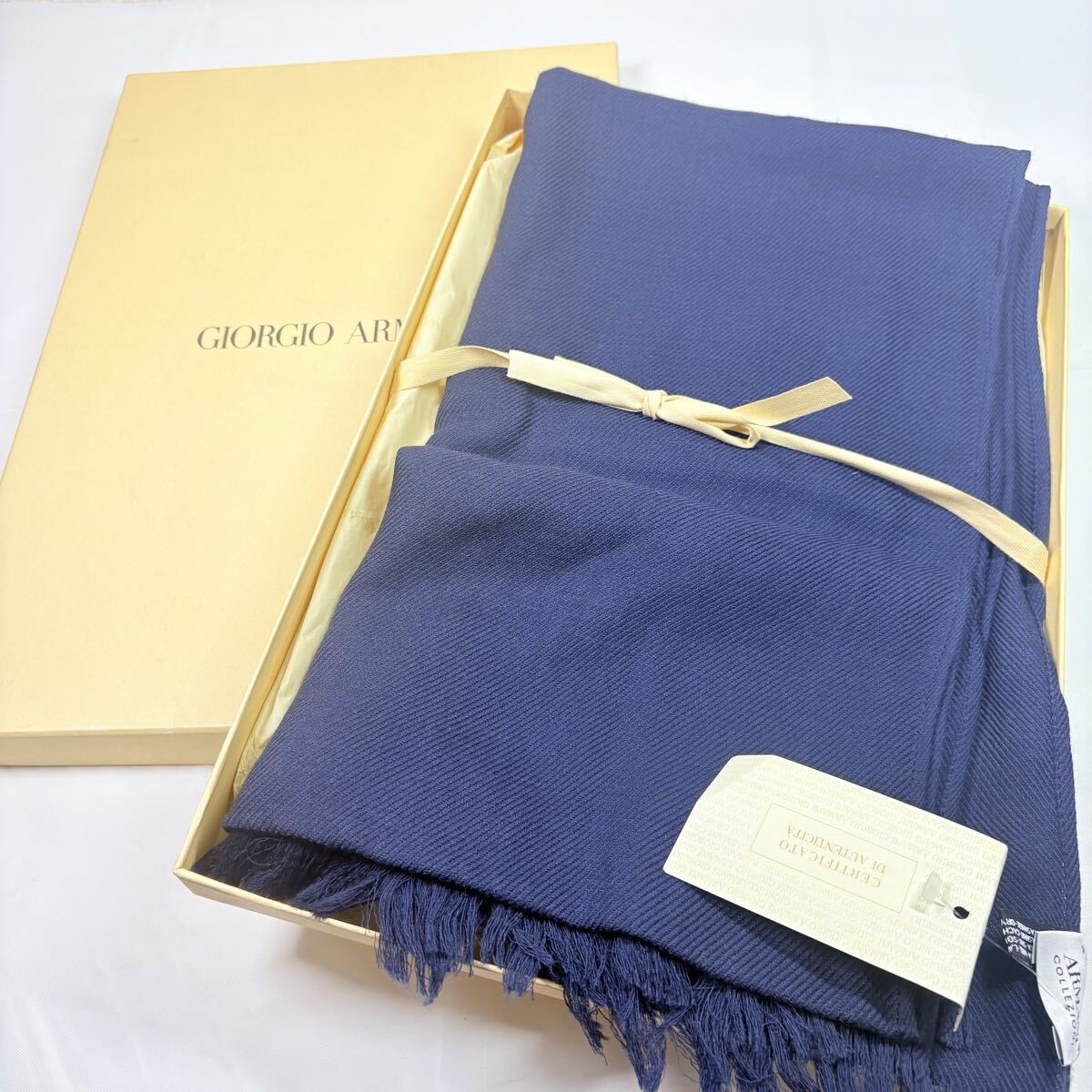 新品　美品　Giorgio Armani アルマーニコレッツォーニ　マフラー　ネイビー　ウール.シルク.カシミヤ　イタリア製　約148×41cm