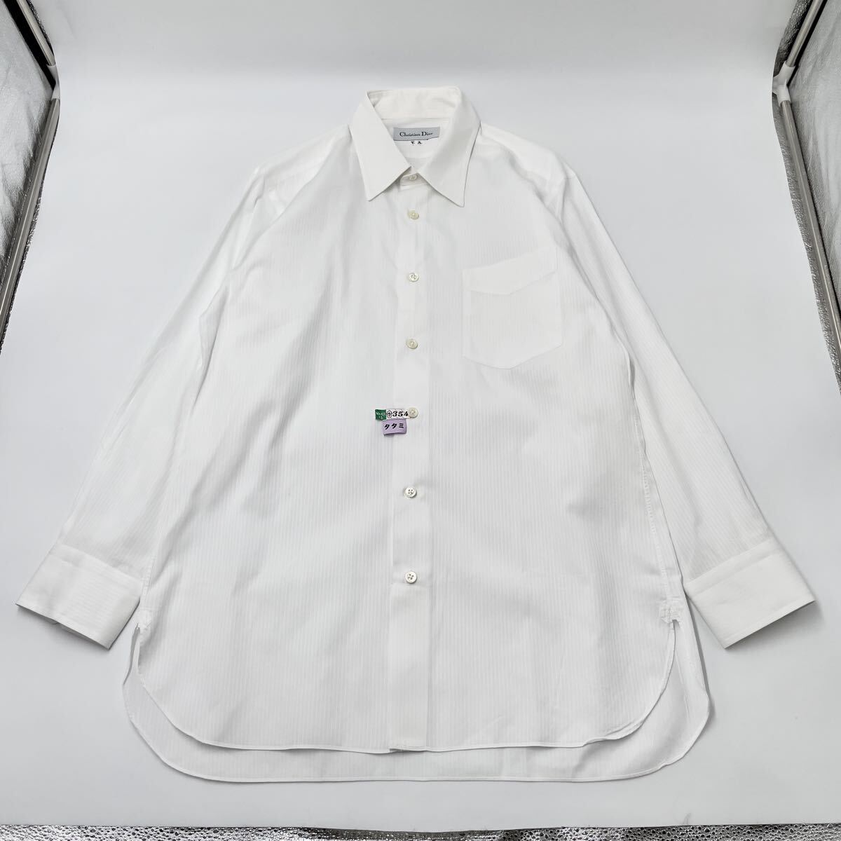 極美品 Christian Dior クリスチャンディオール オーダーシャツ ワイシャツ カッターシャツ ストライプ 長袖 綿100% コットン ホワイト 白
