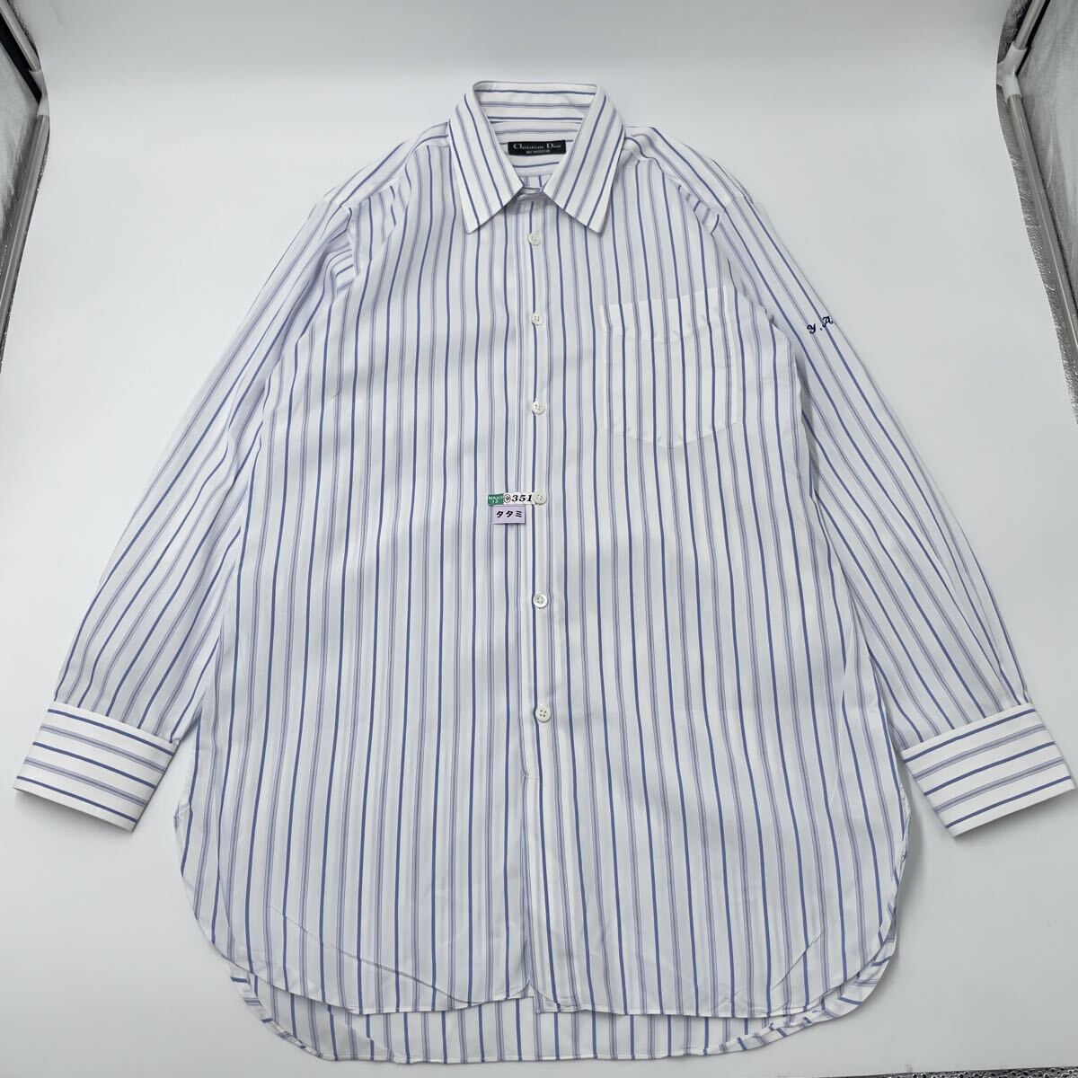極美品 Christian Dior クリスチャンディオール 長袖シャツ ワイシャツ カッターシャツ ブルーストライプ 綿100% コットン ホワイト 白
