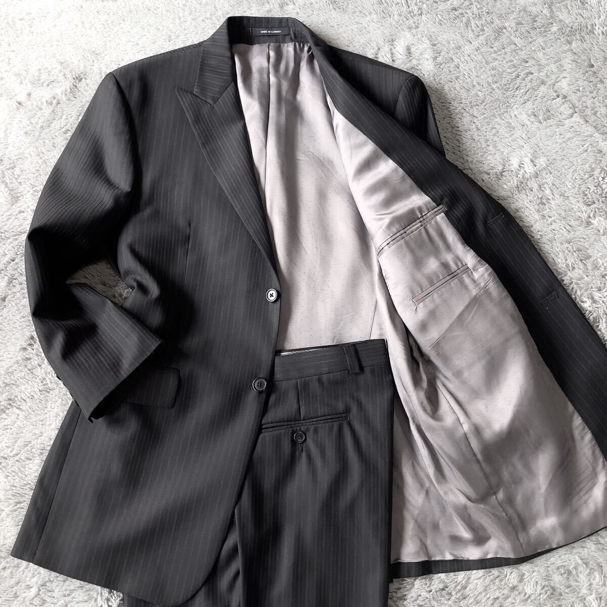 美品 Calvin Klein カルバンクライン スーツ セットアップ サイドベンツ ストライプ カナダ製 ウール100% 40R L〜XL相当 ブラック 黒