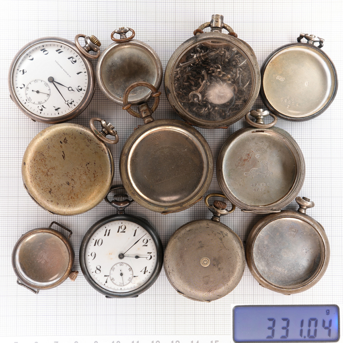 【銀無垢まとめ】331g TAVANNES タバン 他 銀無垢 懐中時計 ケース チェーン 0.800 0.900 シルバー ジャンク