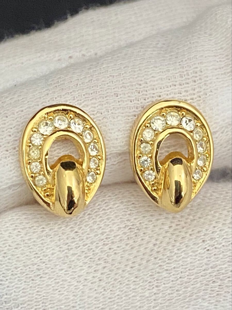 B377★ChristianDior クリスチャンディオール ラインストーン イヤリング ゴールドカラー レディース アクセサリー