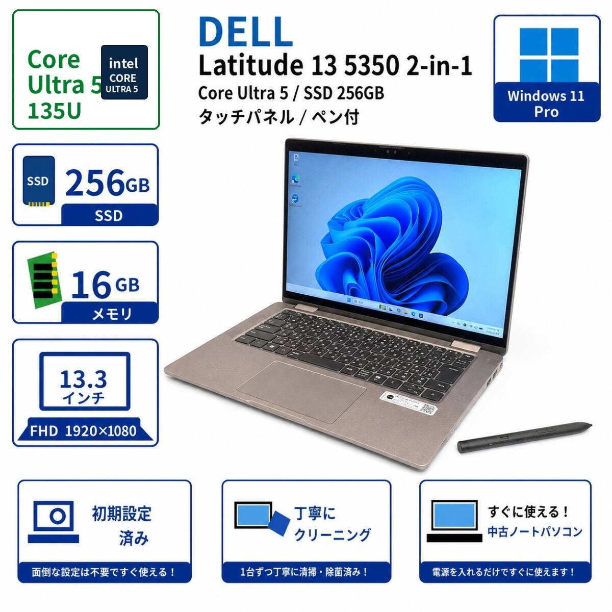 【１円スタート】DELL Latitude 13 5350 2-in-1 Core Ultra 5 135U メモリ16GB SSD256GB 13.3型FHD タッチパネル ペン付 Wind11 E2606N025