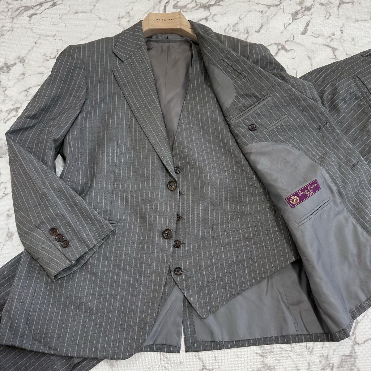 高級/Mサイズ/ロイヤルカスタム Royal Custom セットアップスーツ フィンテックス・オブ・ロンドン ストライプ メンズ グレー 英国製生地 