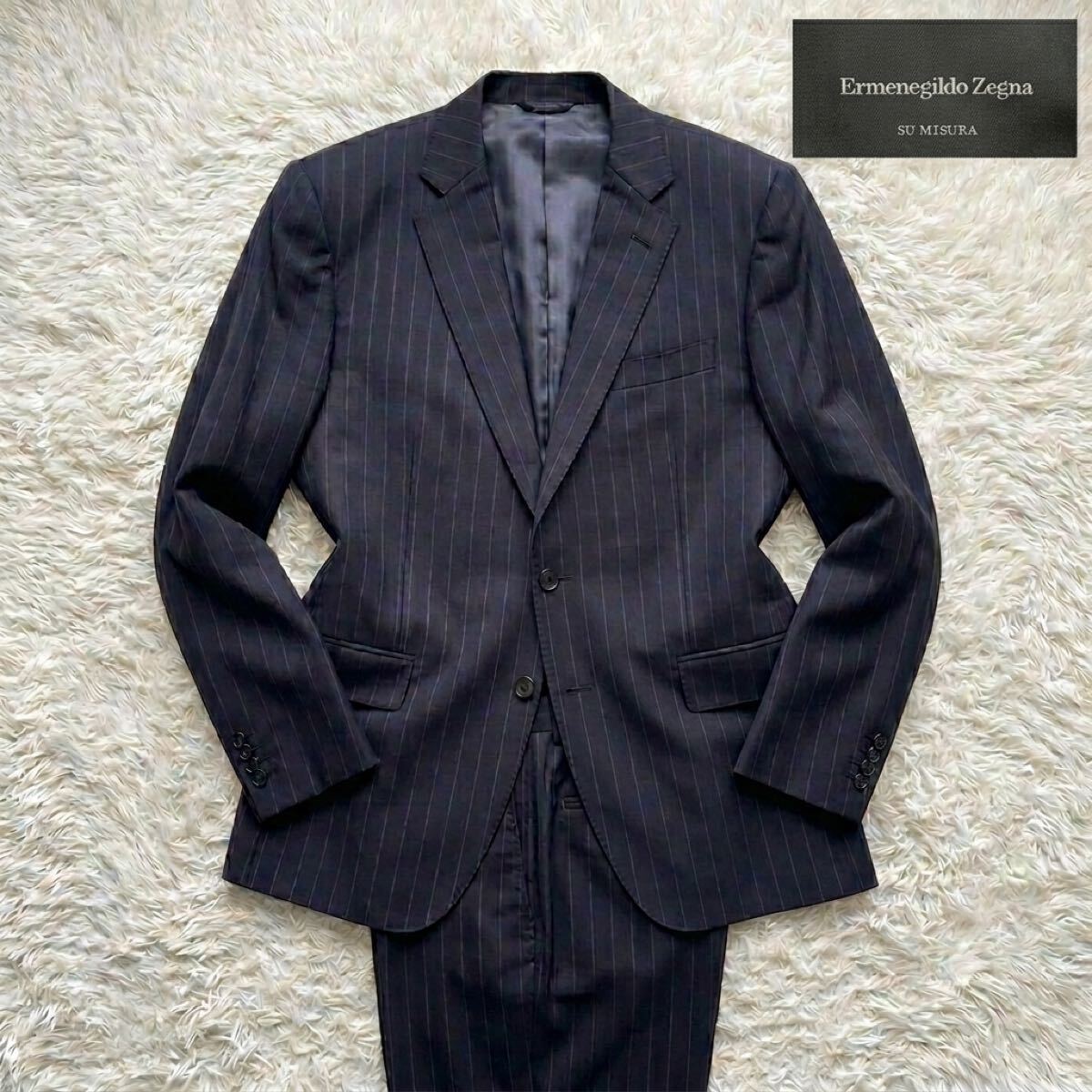 高級品/3XL位/エルメネジルド ゼニア Ermenegildo Zegna セットアップスーツ ストライプ メンズ ネイビー 紺 イタリア製 ウール100% 黒タグ