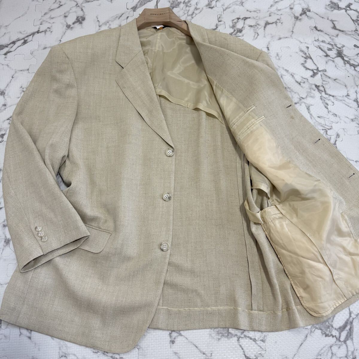 良品/4Lサイズ/マンチェス MANCHES テーラードジャケット リネン混 麻 メンズ ベージュ 日本製 3XL 春夏