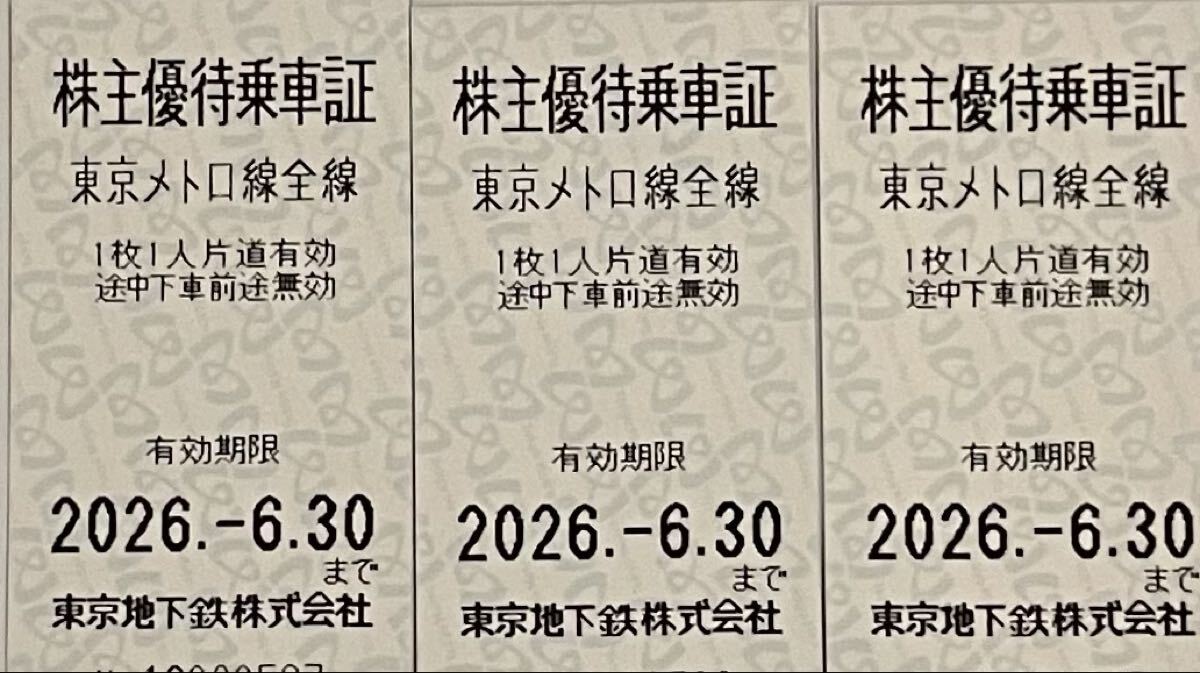 株主優待 東京メトロ 東京地下鉄 3枚　有効期限：2026年6月30日