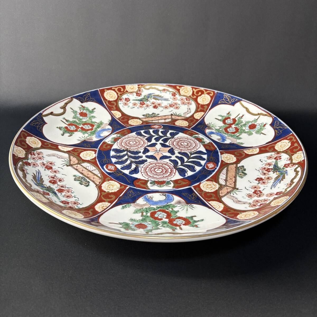 【祥】伊萬里 色絵 大皿 直径約40cm 飾皿 染錦 花鳥文 鳳凰図 中国景徳鎮 陶器 古陶磁 古美術 陶磁器 インテリア
