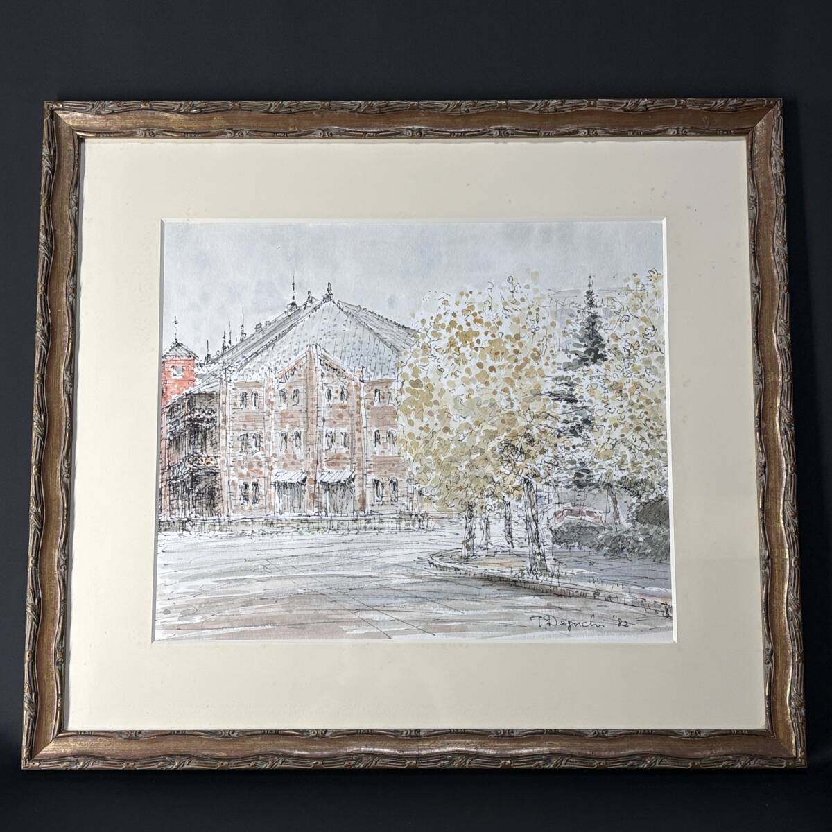 【祥】真作保証 出口常智 「新港埠頭赤レンガ倉庫」 8F 肉筆 水彩画 1982年作 風景画 黄布 共箱付 額装 56cm×65cm