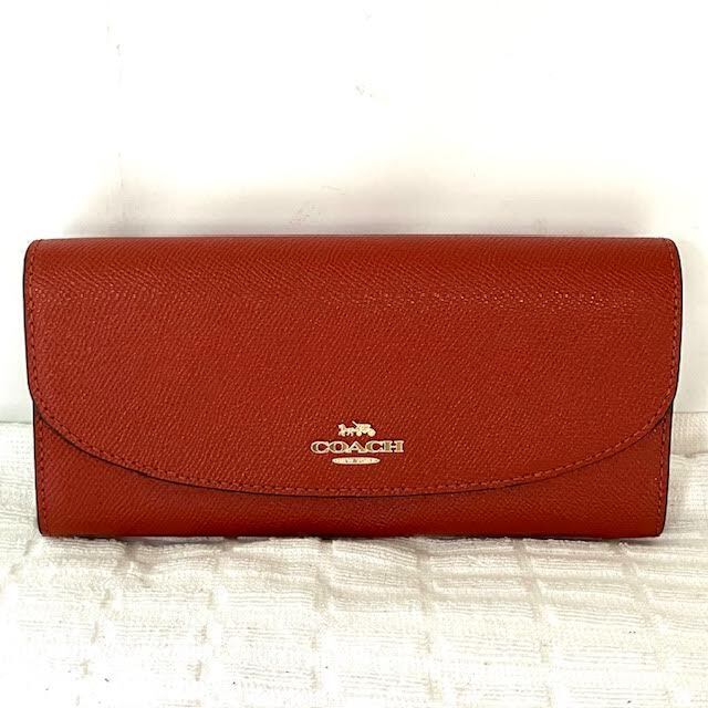 A２　【良品】COACH　コーチ　クロスグレインレザースリムエンベロープ　テラコッタカラー　長財布