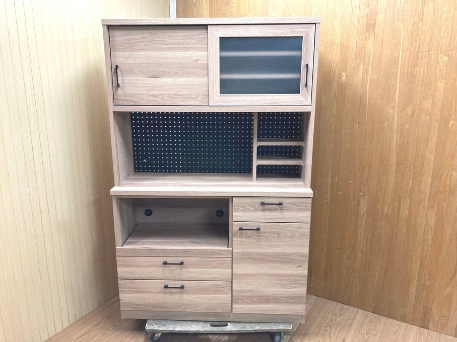 6u019　大川家具　サンウッディ　ロイ1150OPボード　キッチンボード　カップボード　食器戸棚　家電収納　オシャレ　パンチング