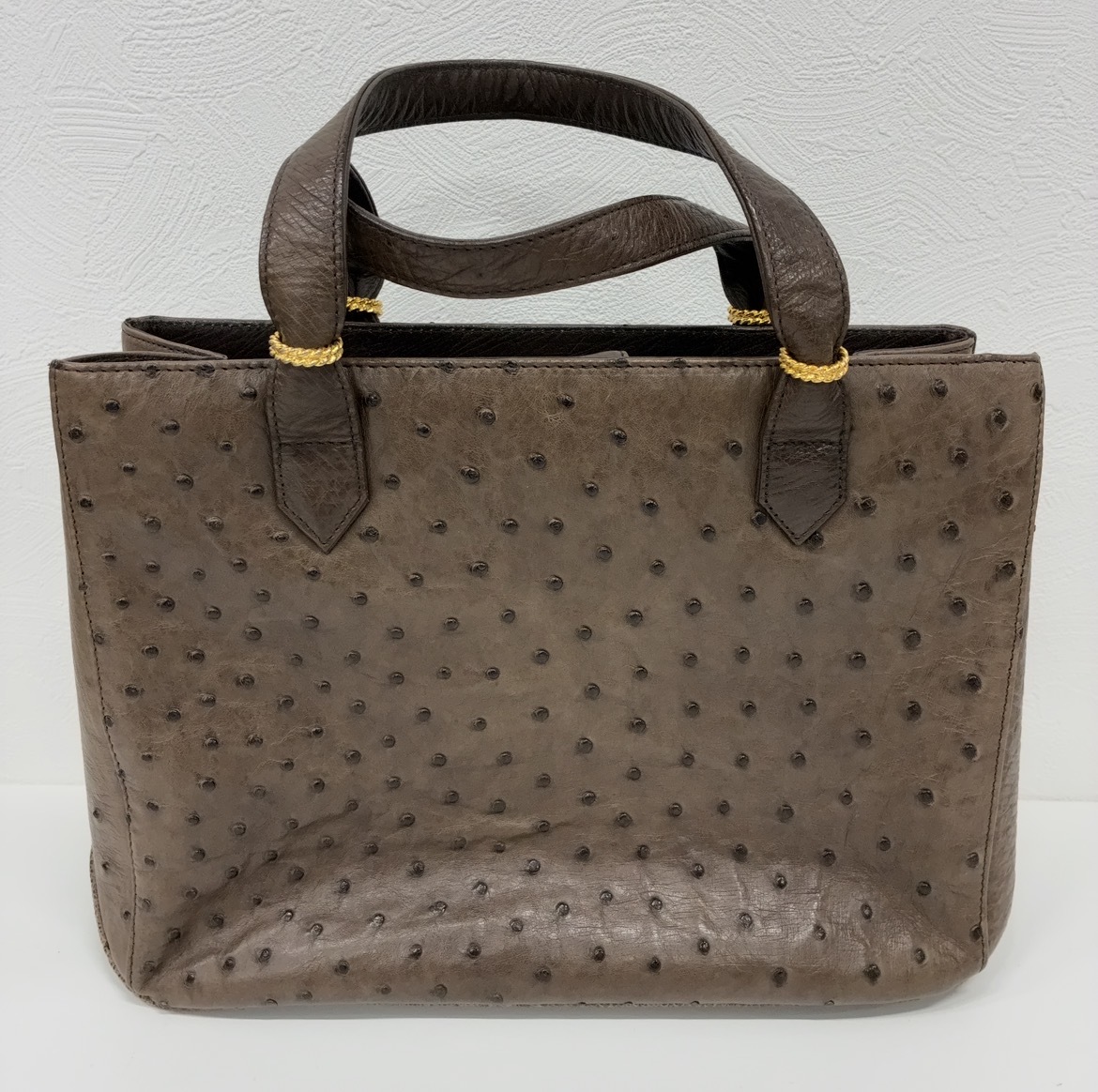 2371★マロックエム オーストリッチ 本革 レザー ハンドバッグ MALOCK.M 金具ゴールド ブラウンカラー エキゾチックレザー 経年保管現状品