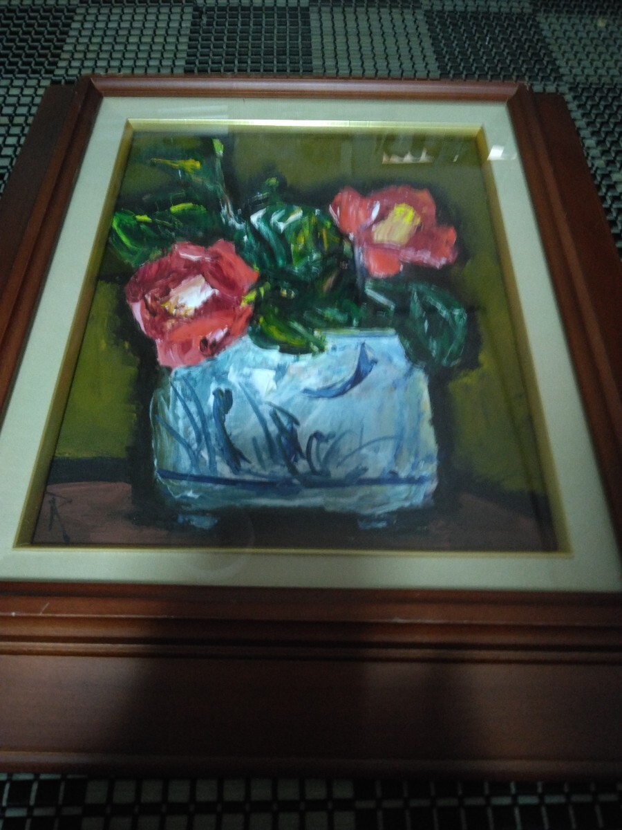 真作保証！中川　力　3号　油彩画 　タイトル『椿』　静物画 額装