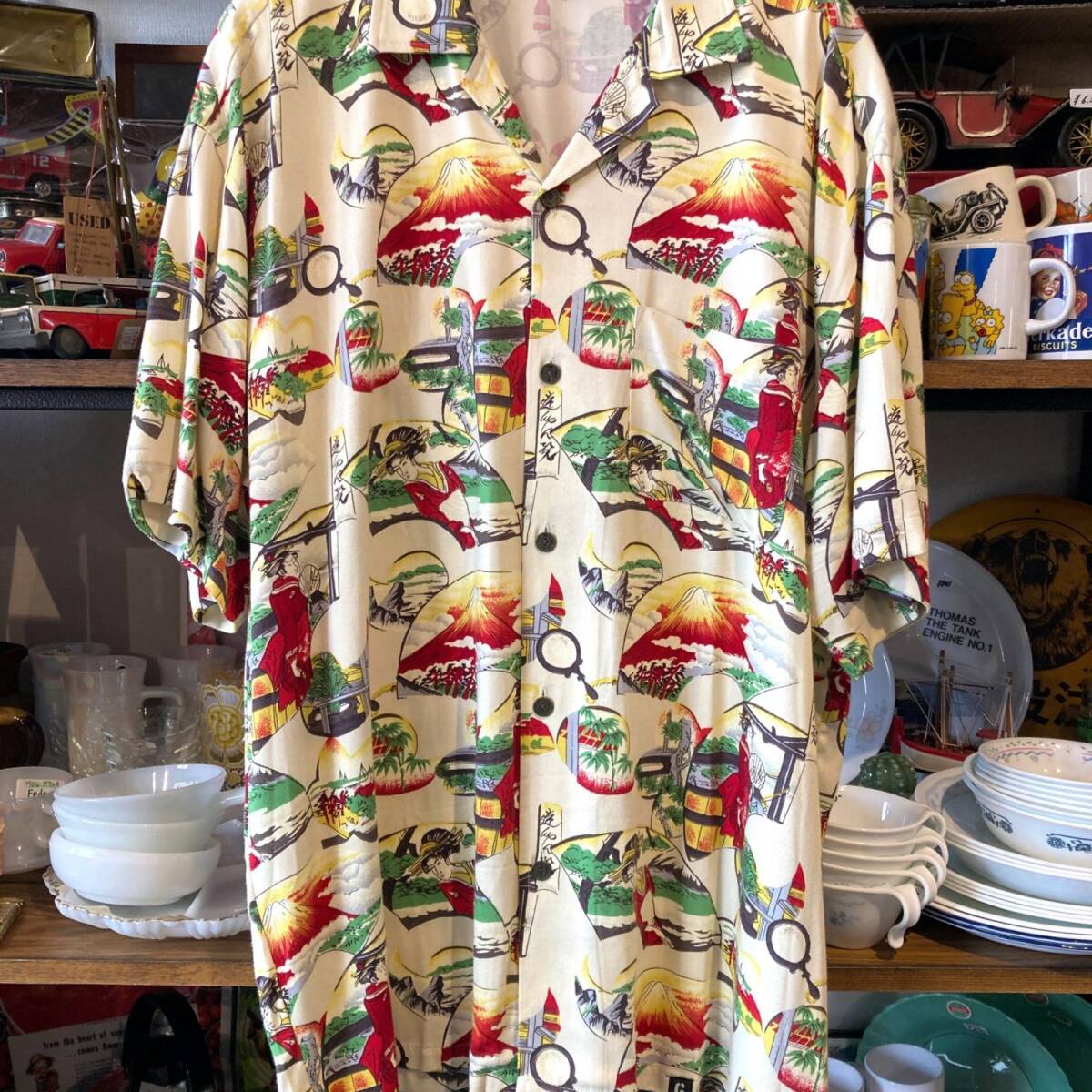 MP431) 90’s GUESS JEANS アロハシャツ 和柄 Lサイズ 古着 現状品 / ゲス ジーンズ 90年代 半袖シャツ 開襟シャツ 中古