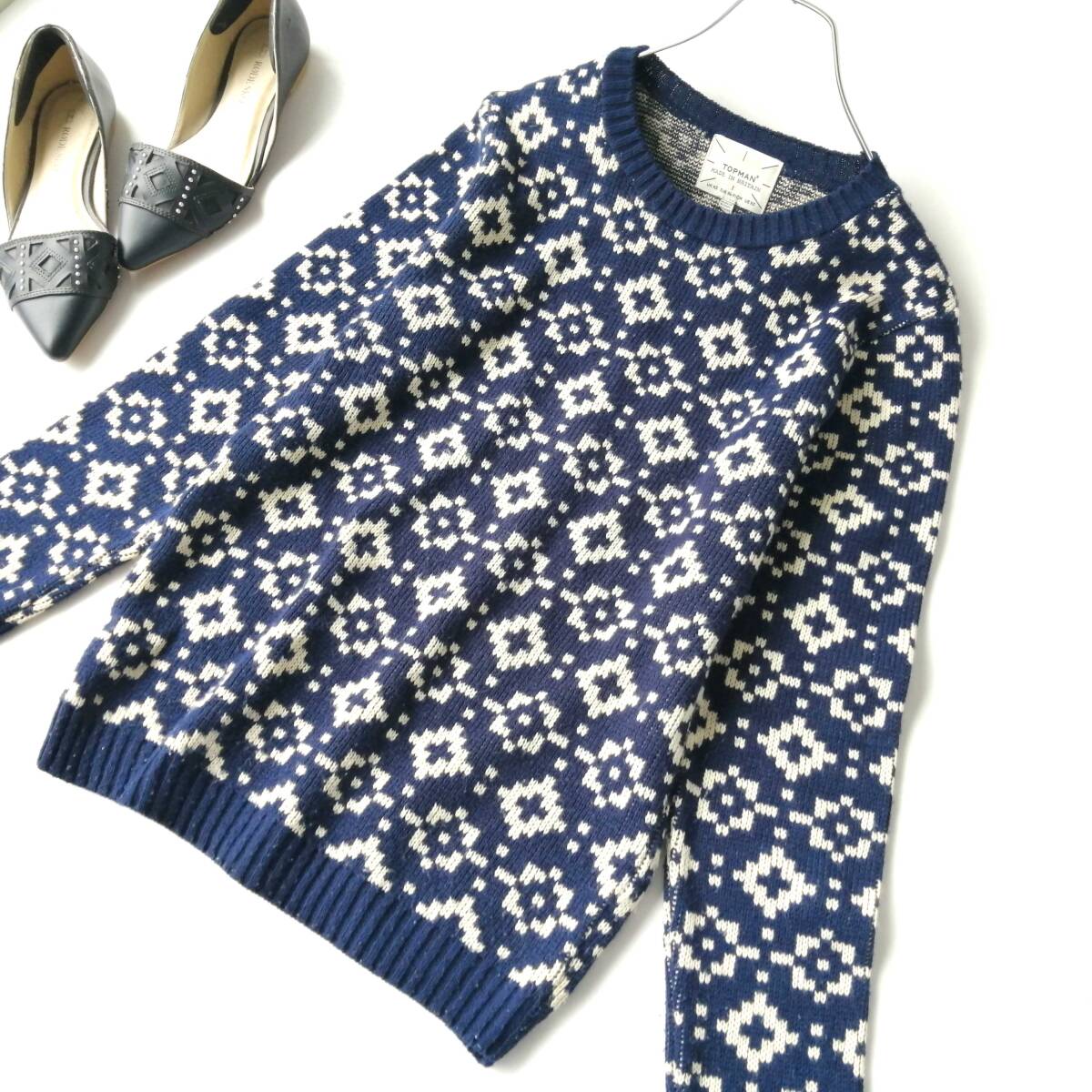 TOPMAN イギリス製 メンズ♪長袖ニット 総柄 セーター XSサイズ ネイビー 260609ni【4点同梱で送料無料】