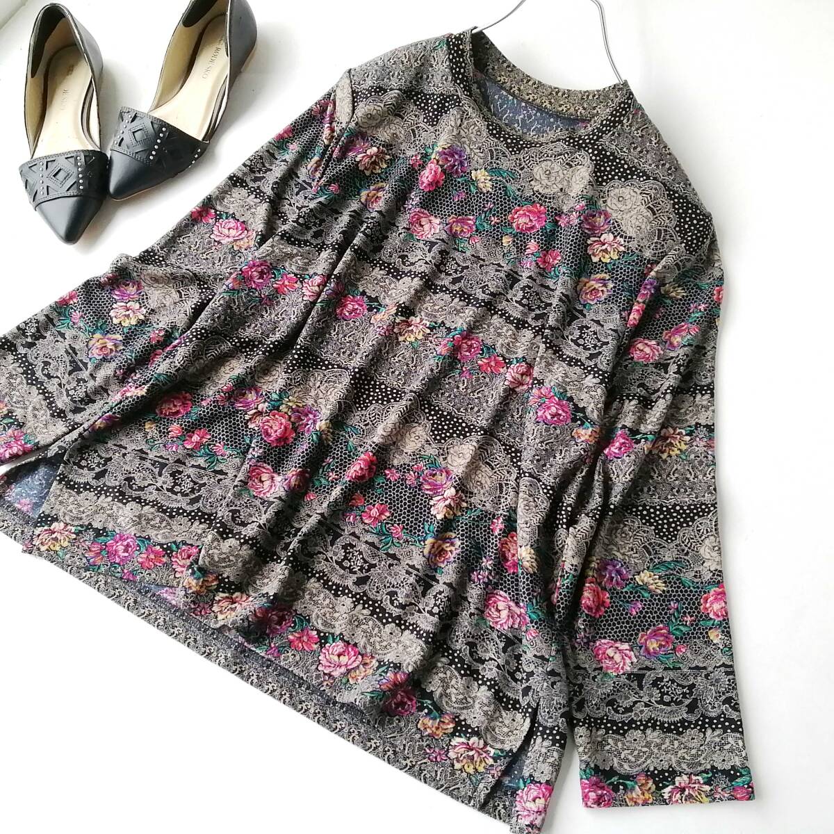 レディース♪長袖チュニック レース＆花柄プリント 長袖カットソー Lサイズ レトロ 260618nd【4点同梱で送料無料】