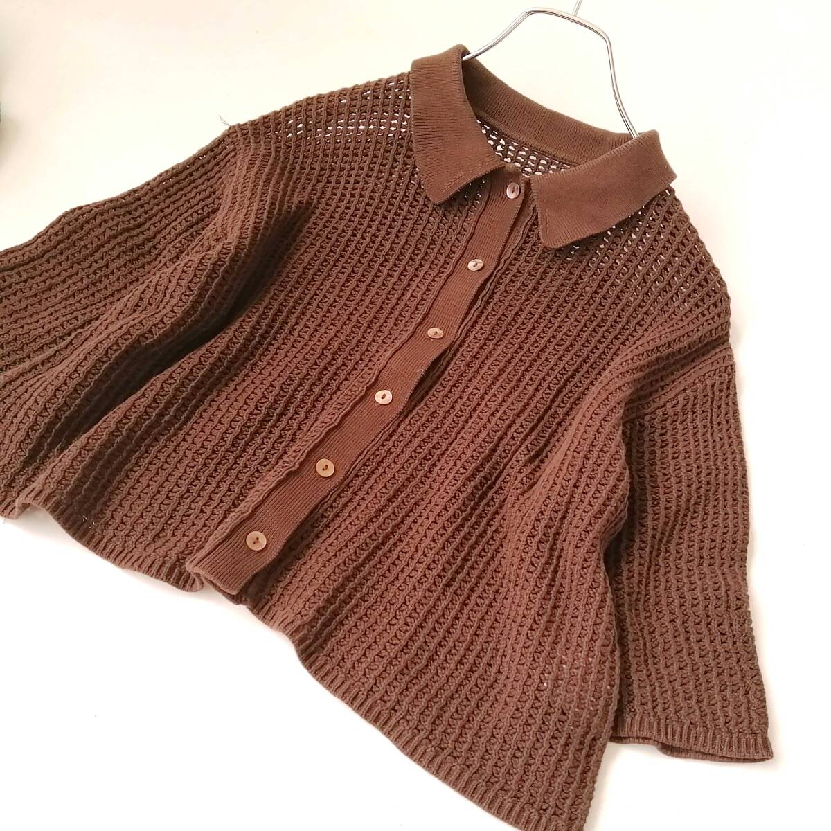 LOWRYS FARM ローリーズファーム レディース♪コットンニット 襟付きカーディガン かぎ針編み ブラウン 260625nl【4点同梱で送料無料】