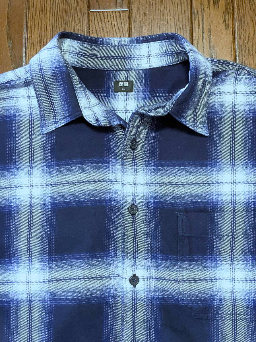 ユニクロ UNIQLO オンブレ チェック ネルシャツ XL ブルー 青 シャドーチェック １００％コットン