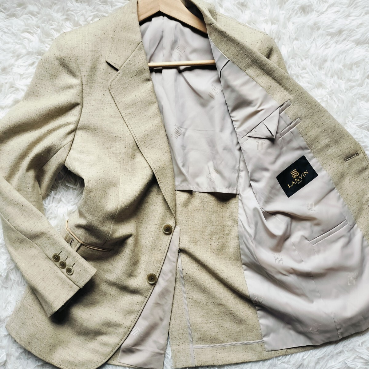 極美品 LANVIN ランバン ジャケット 48 L相当 部分ラムレザー ネップ リネンライク ロゴ裏地 春夏 通気 高級 ジャケパン ベージュ 背抜き