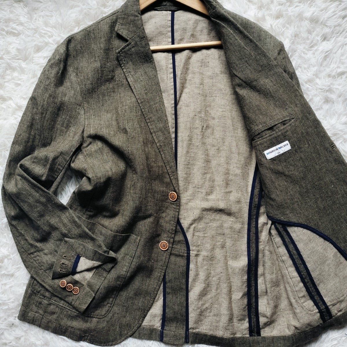 未使用 MADISON WALKER ジャケット L グレー リネン混 麻混 青パイピング アンコン 春夏 通気 軽量 本切羽 2B ジャケパン ビジカジ