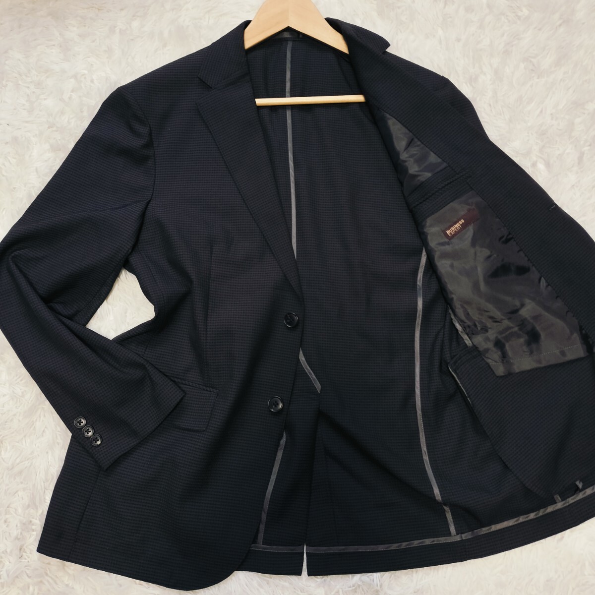 極美品 BUSINESS EXPERT ジャケット BMサイズ 黒 千鳥柄 ストレッチ アンコン トラベル 春夏 軽量 通気 ビジネス 2B ジャケパン ビジカジ