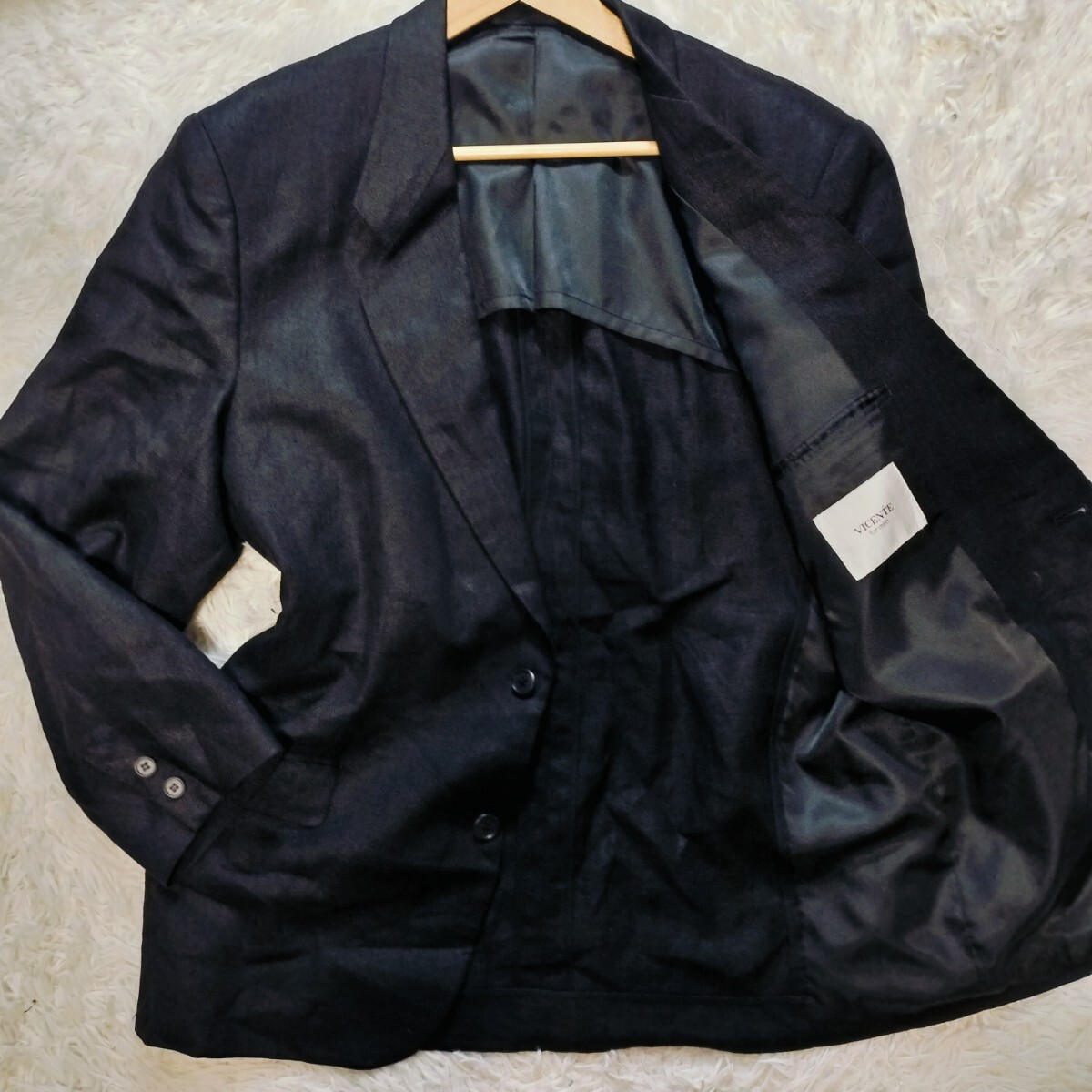 美品 VICENTE for men ジャケット 実寸XL相当 黒 麻100% リネン 春夏 通気 軽量 涼感 2B ノーベント ジャケパン ビジカジ 1円スタート