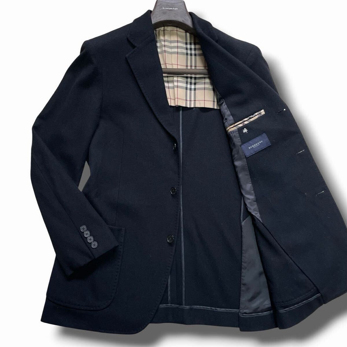 美品 Lサイズ BURBERRY LONDON バーバリーロンドン テーラードジャケット 紺ブレ ビジネス ブラック 黒 ノバチェック メンズ 紳士服