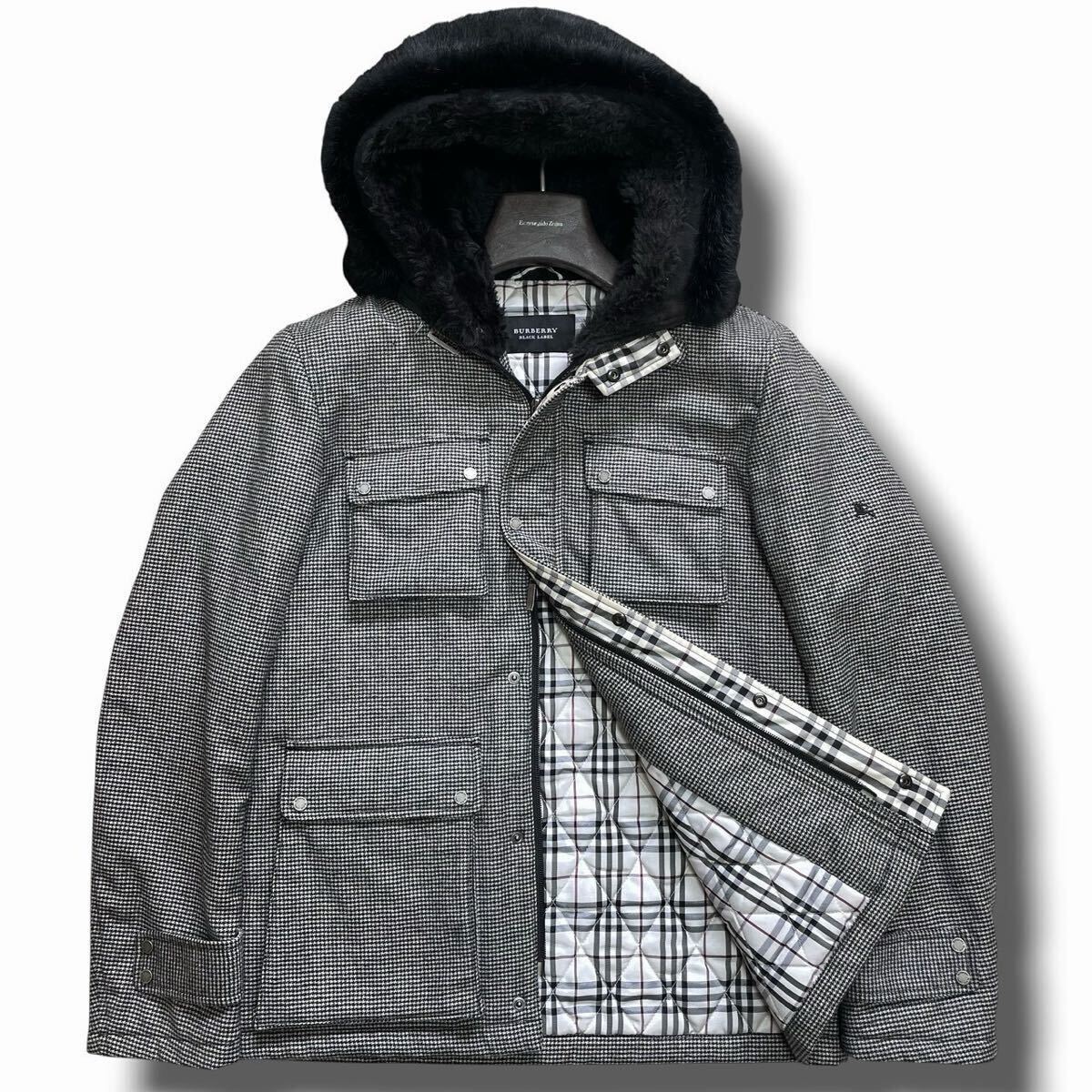 美品 BURBERRY BLACK LABEL バーバリーブラックレーベル ブルゾン ノバチェック ホースロゴ グレー ラビットファー カシミヤ キルティング