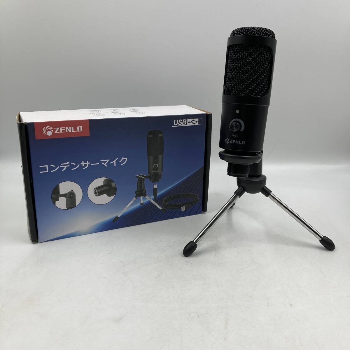 【通電確認済】ZENLO コンデンサーマイク USB PC用マイク 単一指向性 三脚マイクスタンド付属 音量調節/Y41434-L1