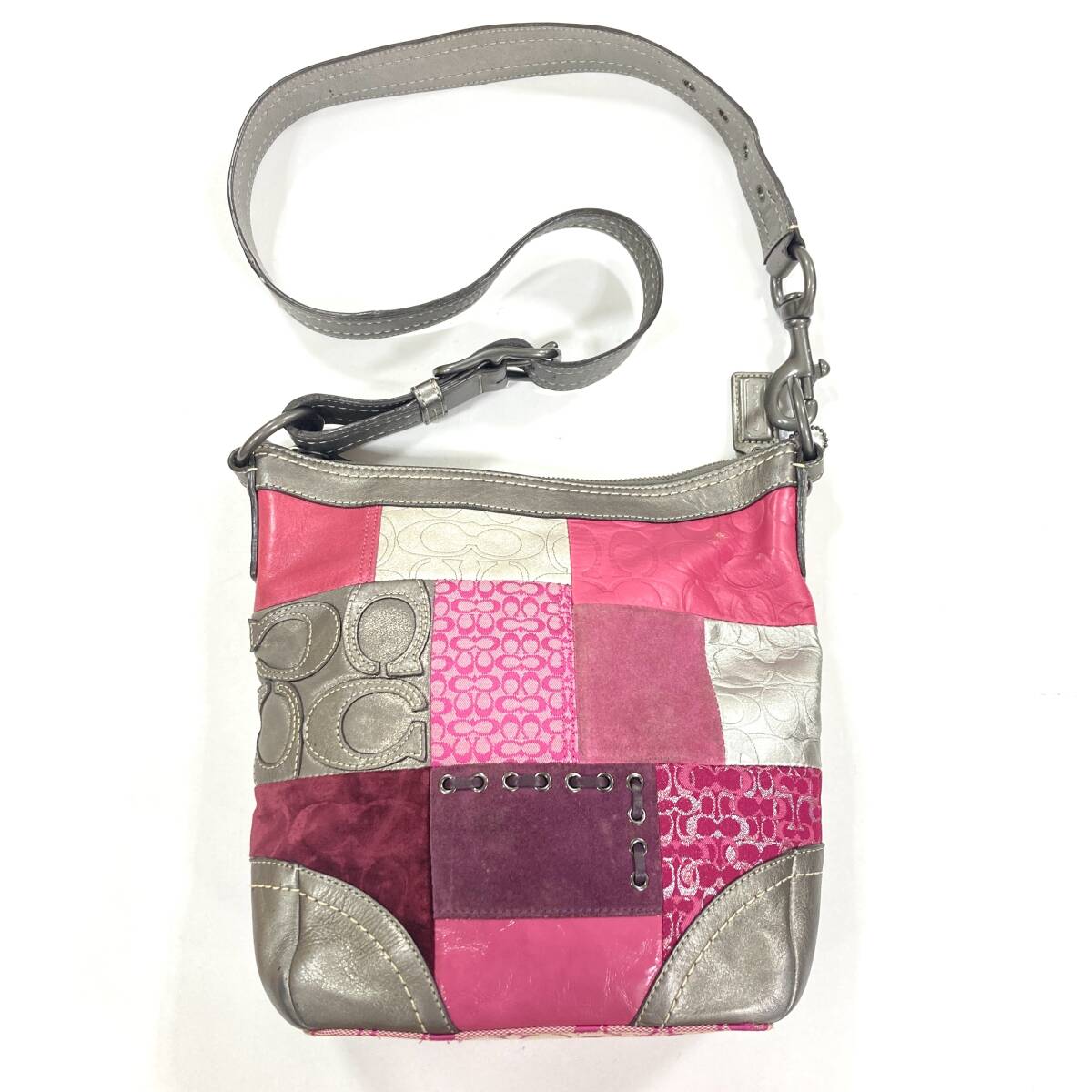 ＃4559 COACH コーチ F12863 ピンク シルバー CG パッチワーク クロスボディ ショルダーバッグ レディース ブランド 現状品