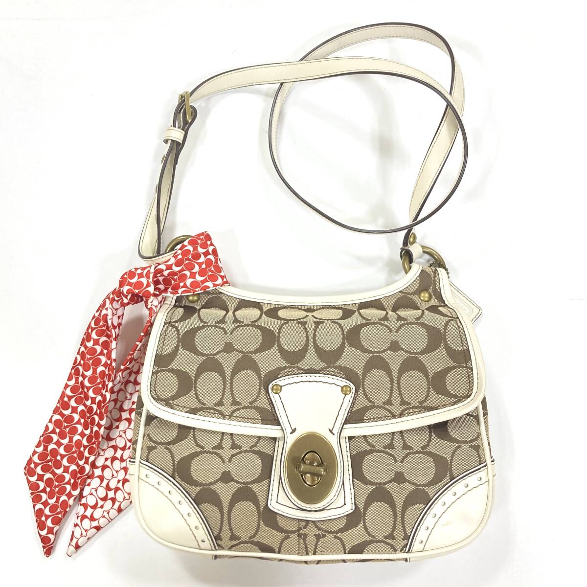 ＃4557 COACH コーチ ブラウン×ホワイト G0794 10556ショルダーバッグ レディース ブランド 現状品 スカーフ付き