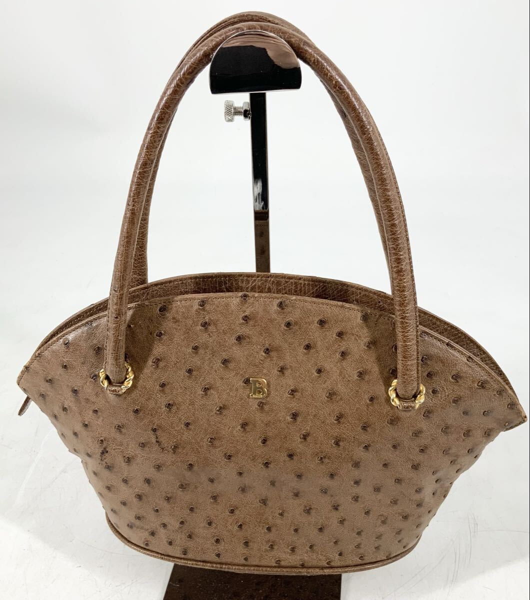 【15】ハンドバッグ　トートバッグ　バリー　Bally　オーストリッチ　ブラウン　レザー　レディース　ドイツ製　オールド　アーチ型　中古