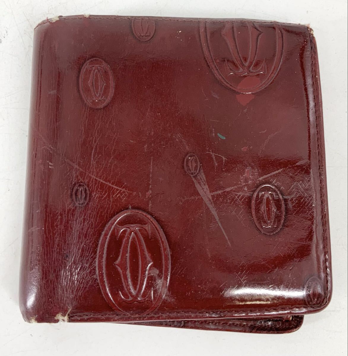 【14】財布　二つ折り財布　カルティエ　Cartier　ハッピーバースデー　ボルドー　オールド　レディース　エナメル　パテントレザー　中古
