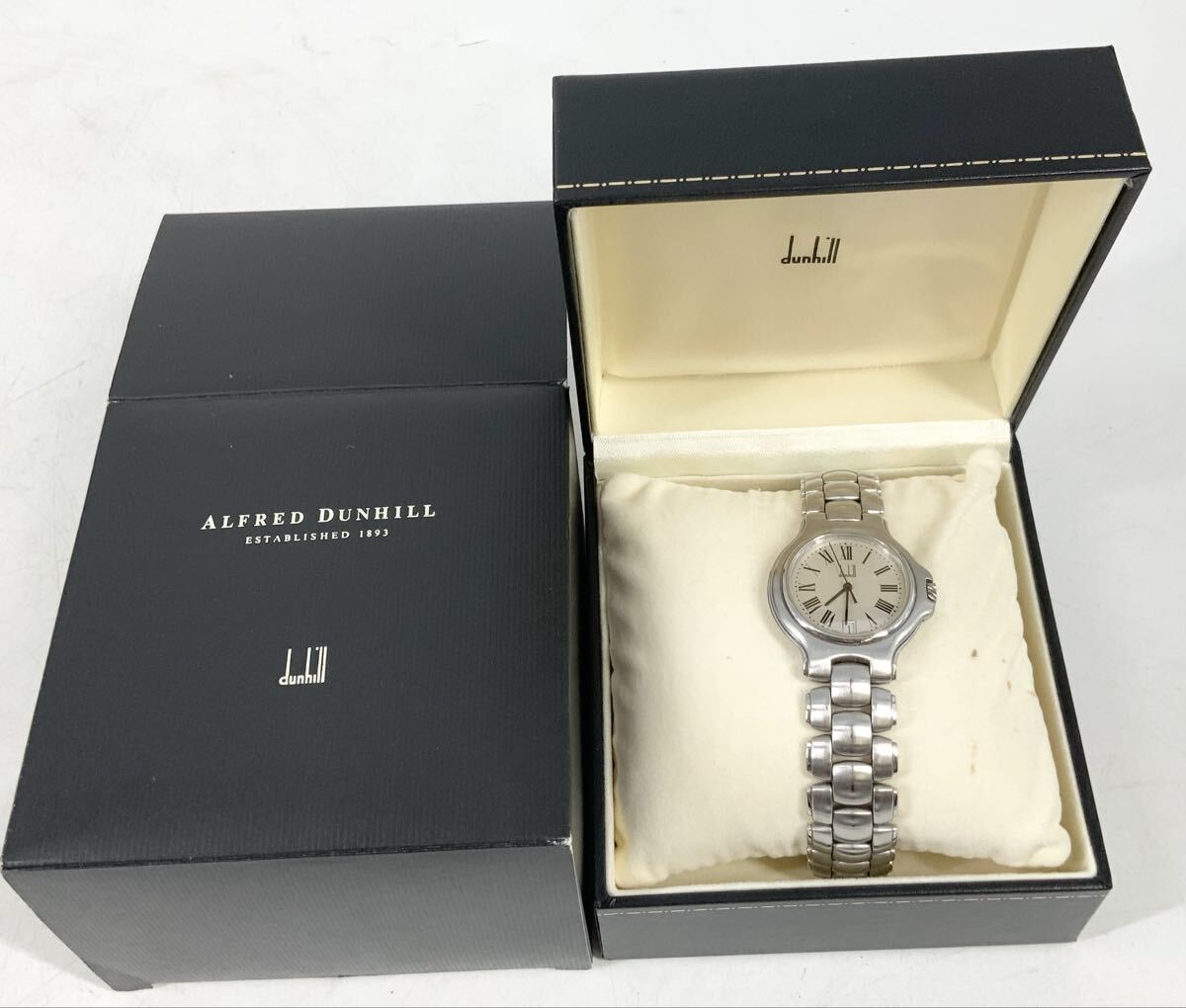 【19】時計　腕時計 ダンヒル dunhill ロンディニウム　現状品　シルバー　メンズ　デイト　アナログ　クォーツ　ローマ数字　箱付き　中古