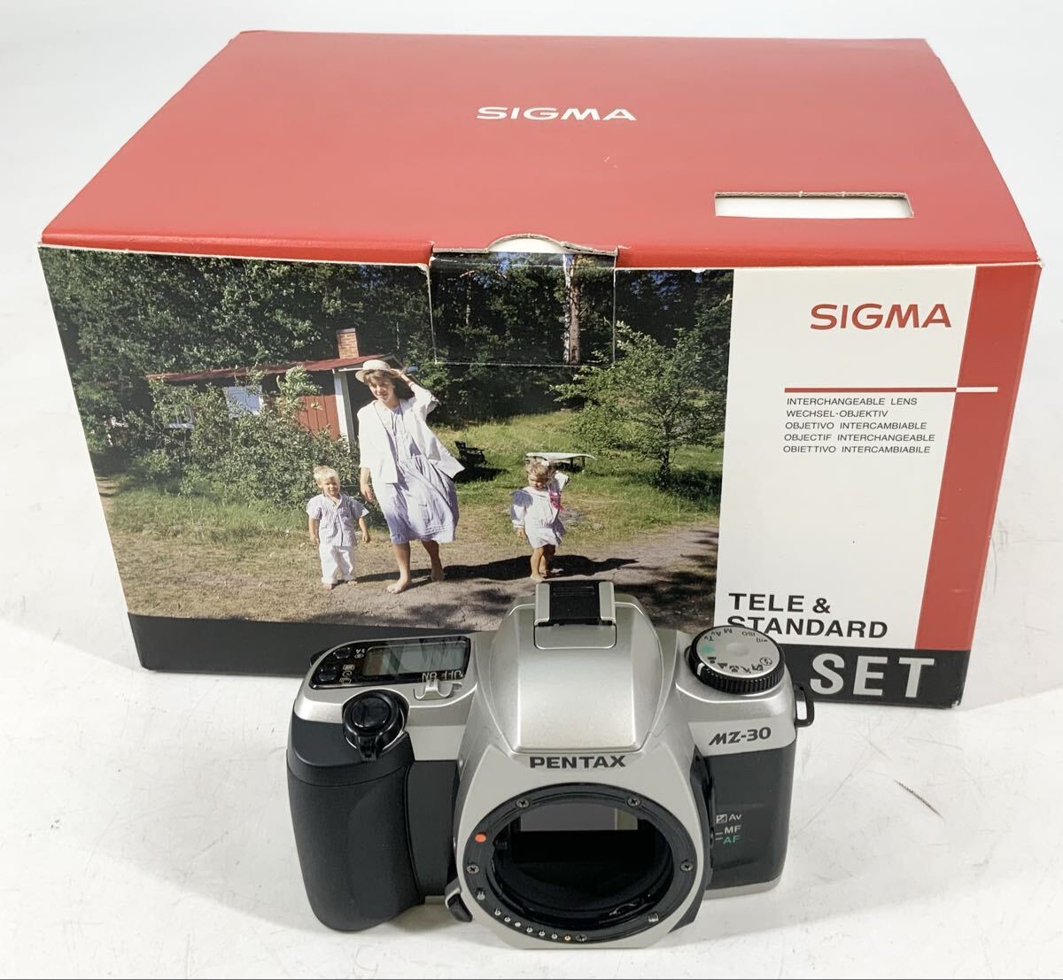 【15】フィルムカメラ　一眼レフカメラ　ペンタックス　PENTAX　MZ-30　現状品　シルバー　シグマレンズセット　箱付き　オートフォーカス