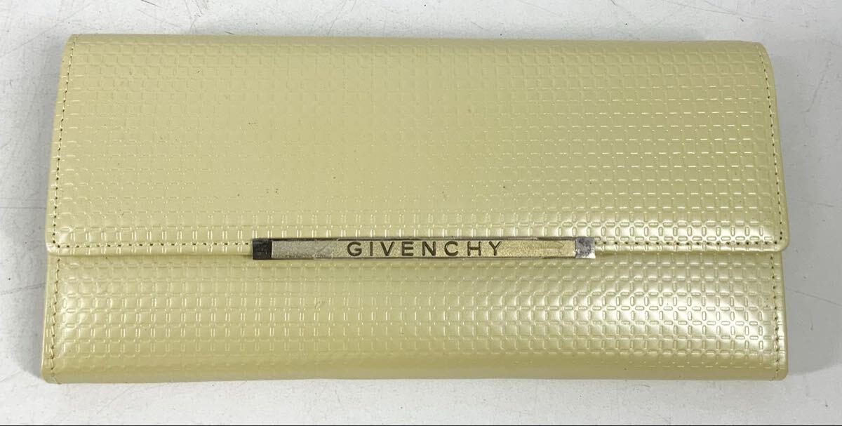 【15】財布　長財布　ジバンシイ　GIVENCHY　イエロー　レザー　型押し　レディース　がま口　ロゴプレート　ロングウォレット　中古