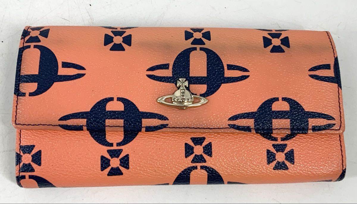 【15】財布　長財布　ヴィヴィアンウエストウッド　Vivienne Westwood　オレンジ　レザー　レディース　オーブ　総柄　イタリア製　中古